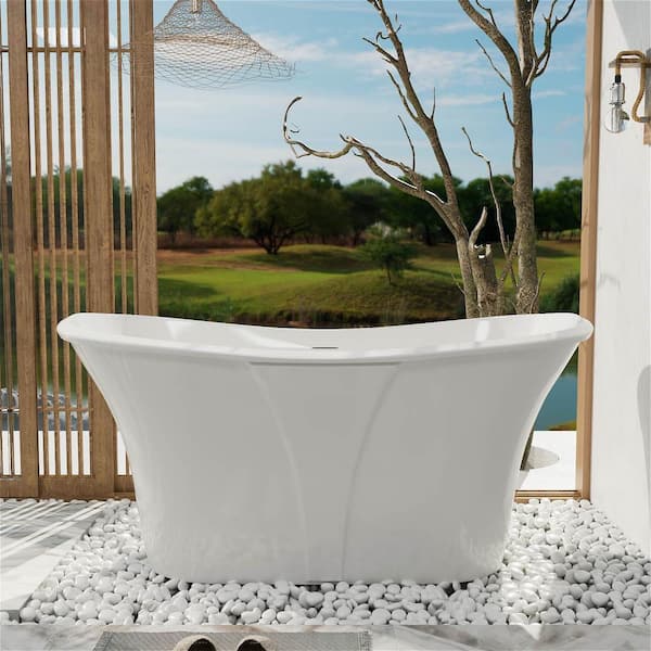MYCASS 59 in. x 28.34 in. Acrylic Flatbottom Oval Anti-Yellowing Japanese Soaking Bathtub with Center Drain in White