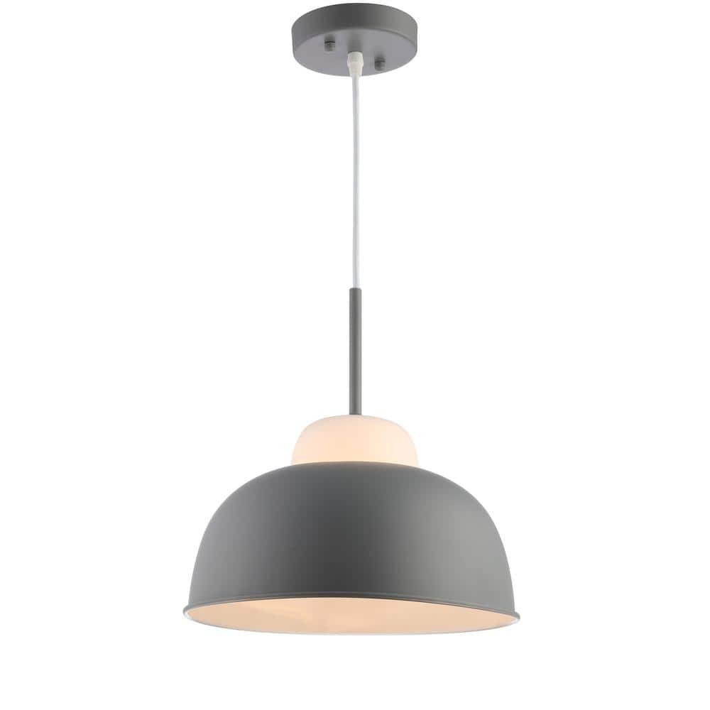 Simon 12" Matte Gray Metal & White Glass LED Pendant Light