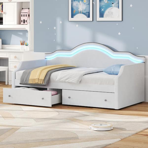 Beige Twin Size Upholstered Daybed with 2 Drawers and LED