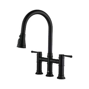 Double Handle Bridge Kitchen Faucet with 3-Function Pull-Down Spray Head in Matte Black