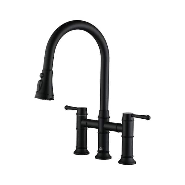 CASAINC Double Handle Bridge Kitchen Faucet with 3-Function Pull-Down Spray Head in Matte Black