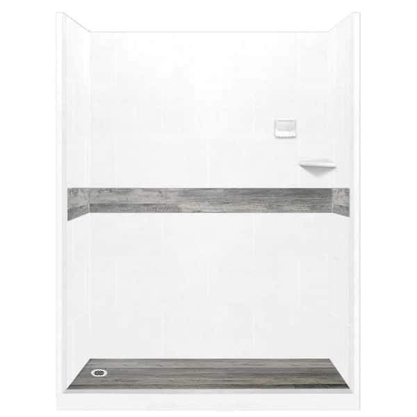 American Bath Factory Sterling Oak Pan and Walls 32 in. x 60 in. x 80 in. Left Drain Alcove Shower Kit in Natural Buff and Chrome Hardware
