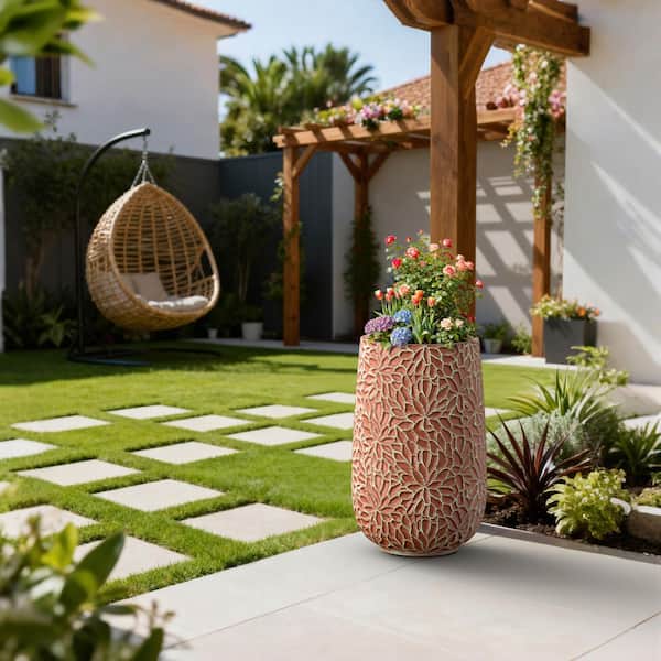 22 in.H Tall Round Concrete Flower Plant Pot w/ Floral Pattern Large Planter w/ Drainage Holes, Teal(Enhanced Interior)