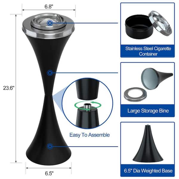 floor mounted cigarette bins Angel Sar 23.6 in. H Stainless Steel Floor Standing Ashtray, Outdoor Self-Cleaning Detachable Cigar Container, Black