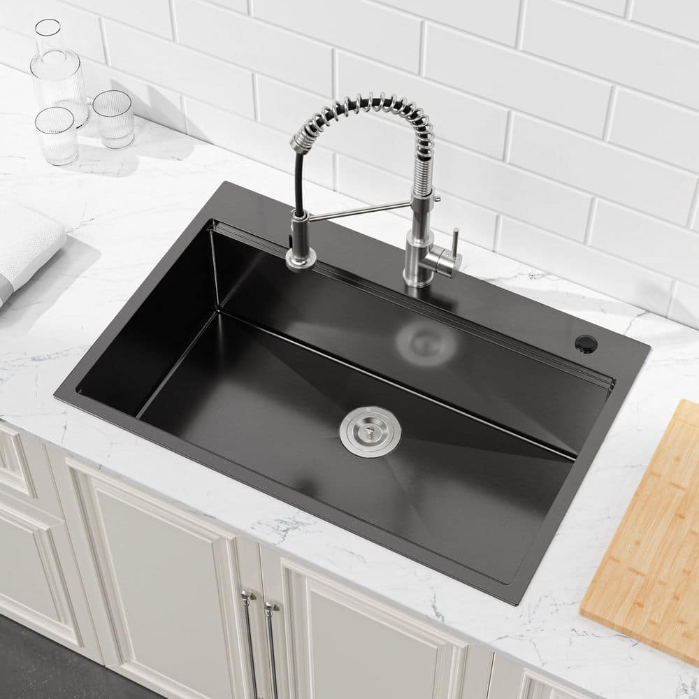Handmade 33 in. Drop-In Overmount Single Bowl 20 Gauge Black Stainless Stee