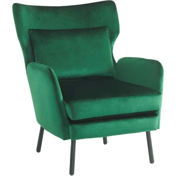 Harta Modern Wingback Upholstered Velvet Club Chair with Metal Legs and Pillow, Green