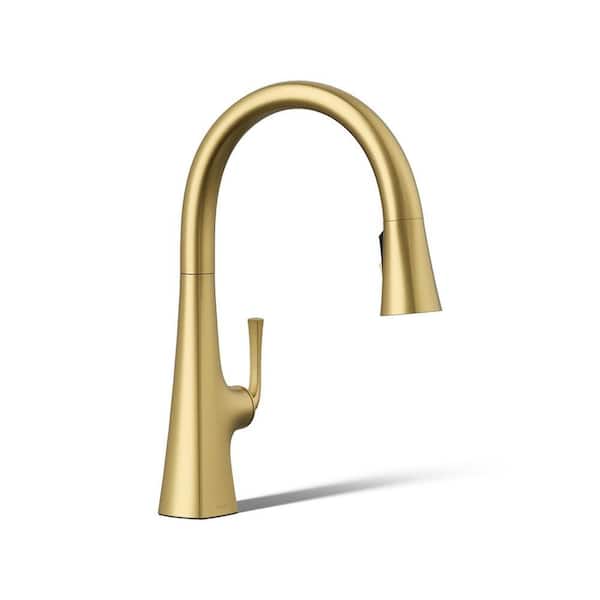 Graze 1 Handle Pull Down Sprayer Kitchen Faucet with Secure Docking in Vibrant Brushed Moderne Brass