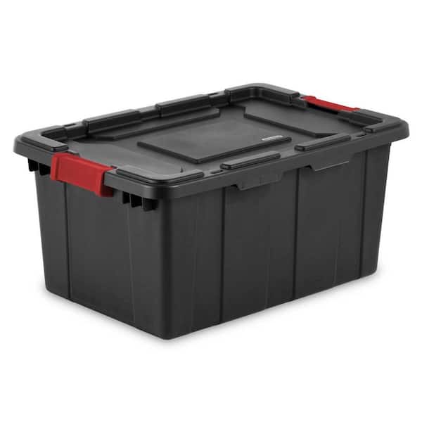  Sterilite 14699002 40 Gallon/151 Liter Wheeled Industrial  Tote, Black Lid & Base w/ Racer Red Handle & Latches, 2-Pack