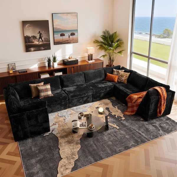 CUKE 159 in. Wide 8-Piece Modern Deep Seat Plush Corduroy U-Shape Modular Sectional Sofa Couch in Black