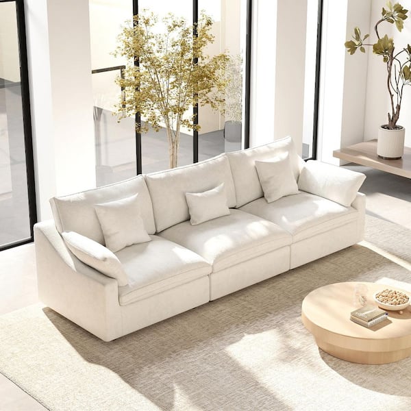 119 in. Square Arm Plush Linen 3-Piece Comfy Couch Deep Seat Cloud Modular Sectional Sofa with Washable Covers in White
