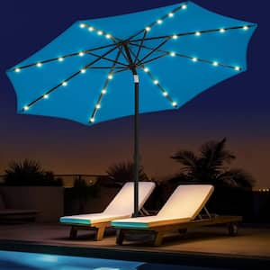 9ft. Aluminum Outdoor Market Umbrella Patio Umbrella 32 LED Lights Crank and Tilt in Royal Blue