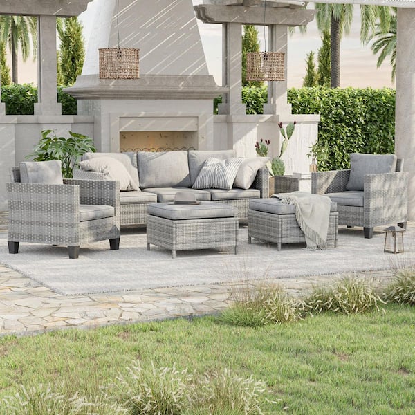 JOYESERY 6-Piece Gray Wicker Outdoor Conversation Seating Sofa Set with Side Table, Linen Grey Cushions