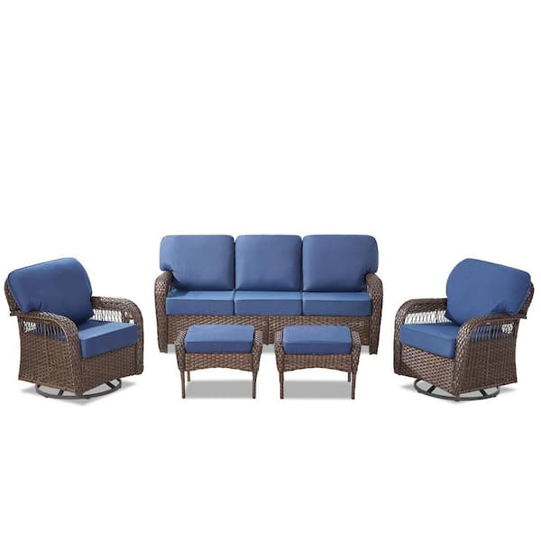 5-Piece Wicker Swivel Outdoor Chair Patio Conversation Set Including Sofa, Swivel Chairs, Footstools with Blue Cushions