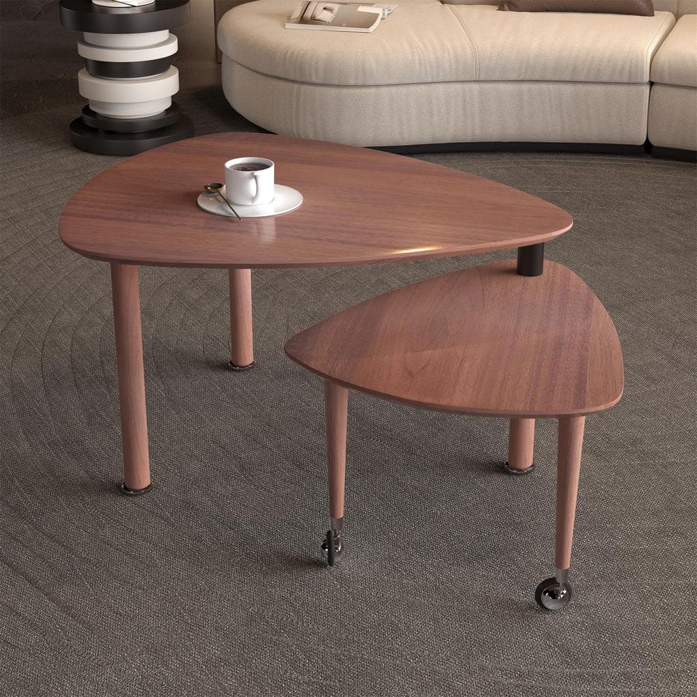 37.4 in. Modern 360° Rotatable Nesting Teardrop-Shaped Wood Coffee Table with Movable Small Table on Wheels, Walnut