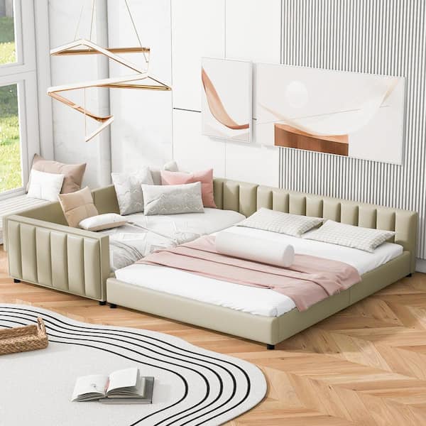 Harper & Bright Designs Beige Wood Frame Queen/Twin XL PU Upholstered Platform Bed, Mother and Child Bed