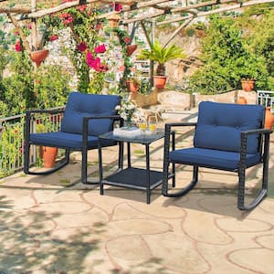 3-Piece Navy Cushioned Rattan Metal Patio Conversation Set with Rocking Chair and Glass-Top Table