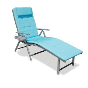 Gray Adjustable Reclining Folded Metal Patio Outdoor Lounge Chair Back with Blue Cushion