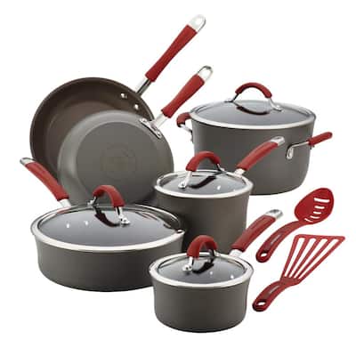 Cucina 12-Piece Hard-Anodized Aluminum Nonstick Cookware Set in Cranberry Red and Gray