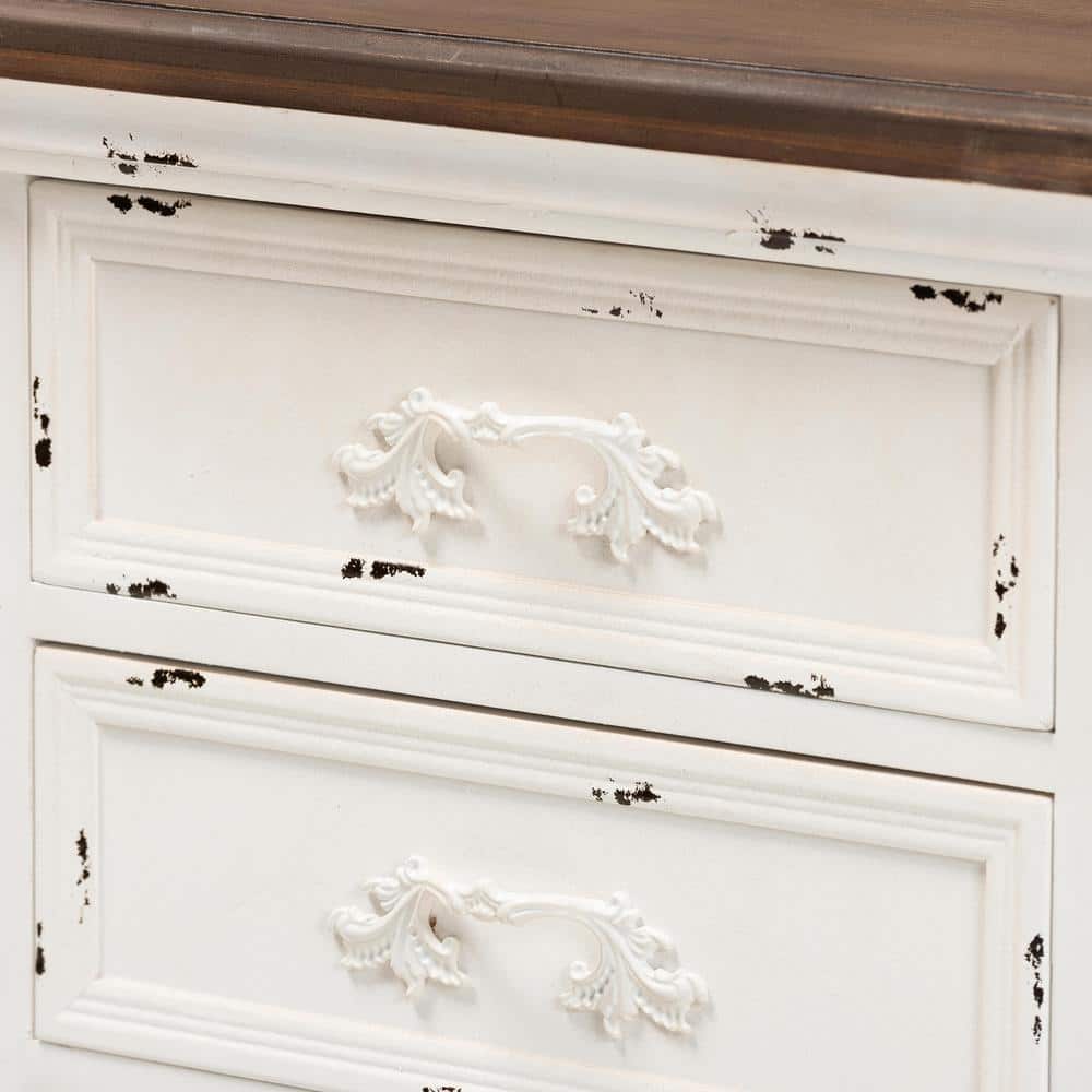 Levron Antique White and Walnut Brown 3-Drawer Solid Wood Nightstand