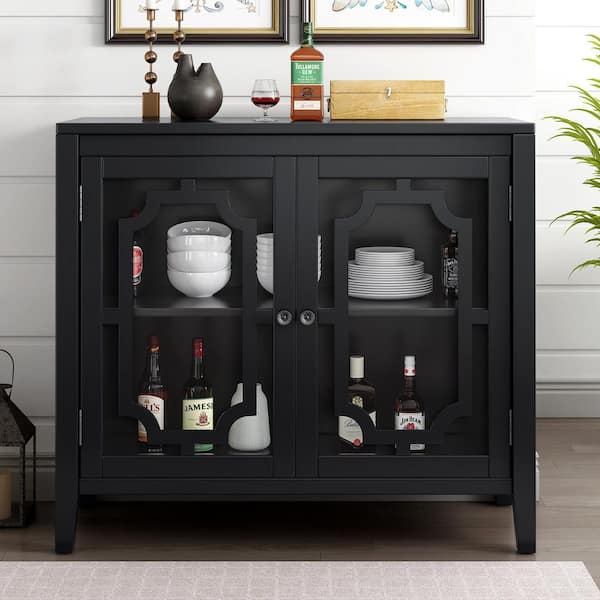 Tileon 33.8 in. W x 14.9 in. D x 30.1 in. H in Black MDF Ready to Assemble Floor Kitchen Cabinet with Glass Doors