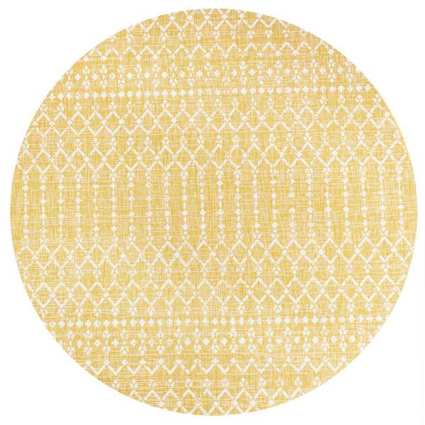 Ourika Moroccan Geometric Textured Weave Yellow/Cream 5 ft. Round Indoor/Outdoor Area Rug