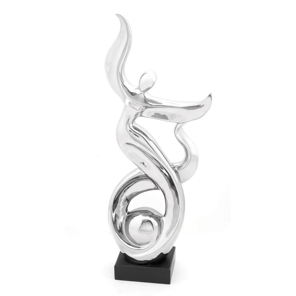 Silver Abstract Ceramic Dancer Statue with Black Base