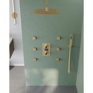 Pressure Balance Temperature Display 3-Spray Ceiling Mount 12 in. Fixed and Handheld Shower Head 2.5 GPM in Brushed Gold