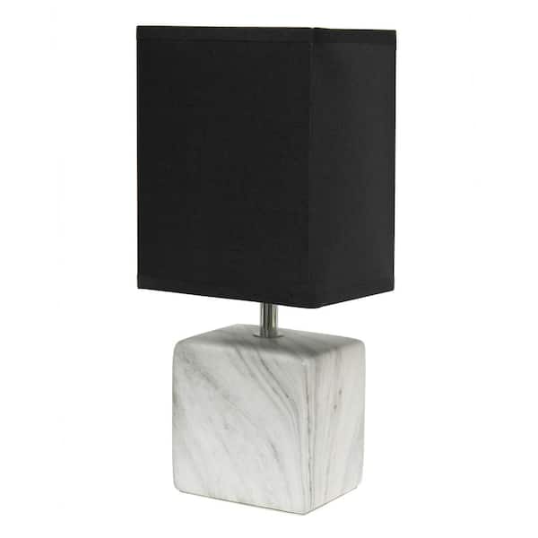 Simple Designs 11.8 in. White Marbled Ceramic Table Lamp with Black Fabric Shade