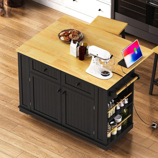 Ximuprmy Black Wood 48 in. Kitchen Island with Drop Leaf, 3 Power Outlet and Internal Storage Rack for Kitchen and Dining Room