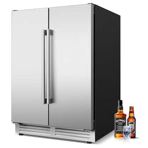 23.47 in. Dual Zone 114 Cans Beverage Cooler Built in and Freestanding Interior Blue LEDs Double Stainless Steel Doors