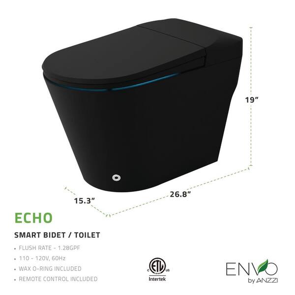 ANZZI - ENVO Echo Elongated 1.28 GPF Smart Bidet Toilet in Matte Black with Auto Open, Auto Flush, Voice and Wi-Fi Control