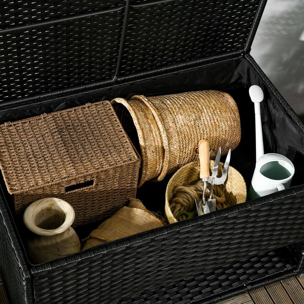 Black PE Wicker Outdoor Deck Box with Shelf