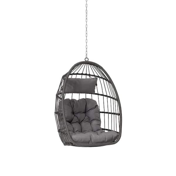 Zeus & Ruta 1 Person 28 in. W Gray Wood Outdoor Egg Porch Swing Chair Hanging Chair with Light Gray Cushion for Garden Patio