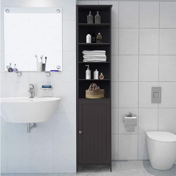 Wood Tall Bathroom Linen Cabinet Small Bathroom Storage Corner Floor Cabinet with Doors and Shelves Toilet Paper Holder - Brown