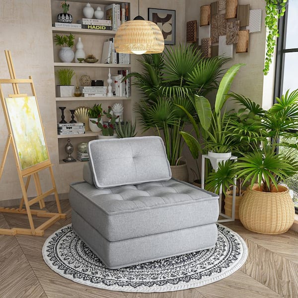 FUFU&GAGA Gray 34.6 in. Width Square Bedroom Bench with Back and Soft Seat, 17.3 in. Height
