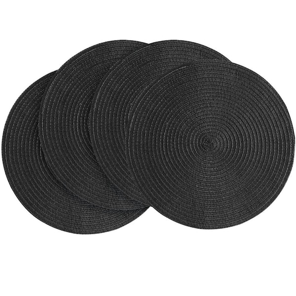 15 in. Cotton Polyester Placemats with Round, Washable Heat Resistant, Circle for Kitchen Dining Table, Black (4-Pack)