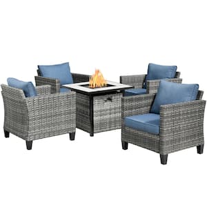 New Vultros Gray 5-Piece Wicker Patio Fire Pit Conversation Seating Set with Blue Cushions