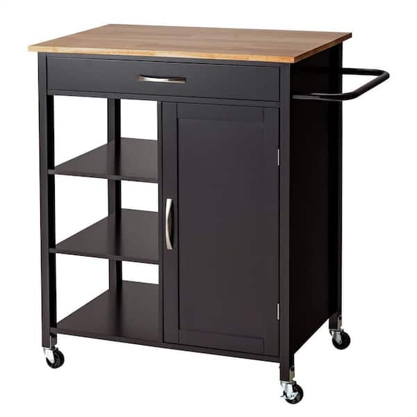 Brown Rolling Kitchen Cart with Adjustable Shelf and Rubber Wood Top