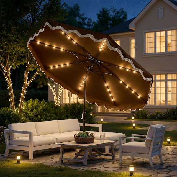 auto tilt patio umbrella with led lights Garvee 10' Solar 40 Lights, Outdoor Market Umbrella with Auto-Tilt Crank & Weather-Resistant Canopy, Turquoise it features a crank Best Choice Products 10ft 3-Tier