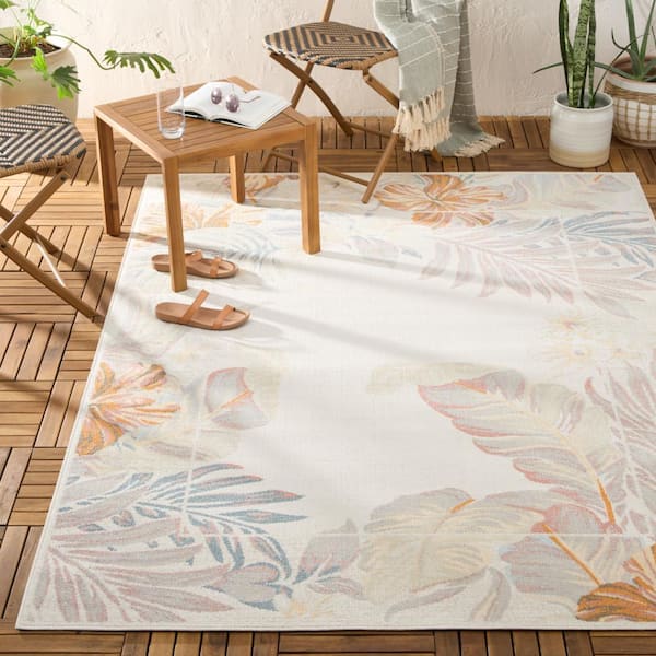 Bimini Blooming Border Ivory/Blue 6 ft. x 9 ft. Indoor Outdoor Area Rug