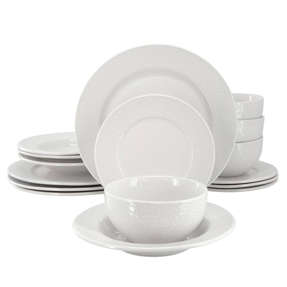 Jayce 16 Piece Textured Design Double Bowl Porcelain Dinnerware Set in Whit
