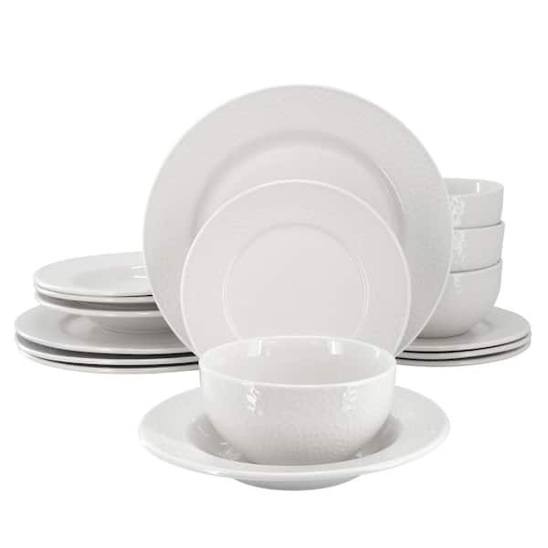 Elama Elama Jayce 16 Piece Textured Design Double Bowl Porcelain Dinnerware Set in White