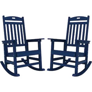 Dark Navy Plastic Patio Outdoor Rocking Chair, Fire Pit Adirondack Rocker Chair with High Backrest(2-Pack)