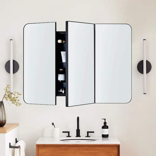 TEHOME 26 in. W x 36 in. H Triple Door Rectangular Metal Framed Wall Mounted Bathroom Medicine Cabinet with Mirror in Black