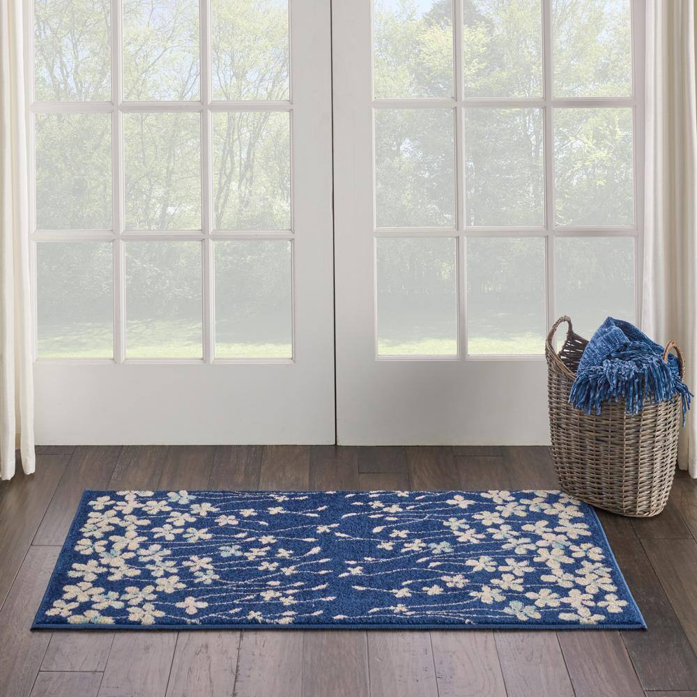 Navy Floral Whisper Rectangular Viscose 2' x 4' Area Rug
