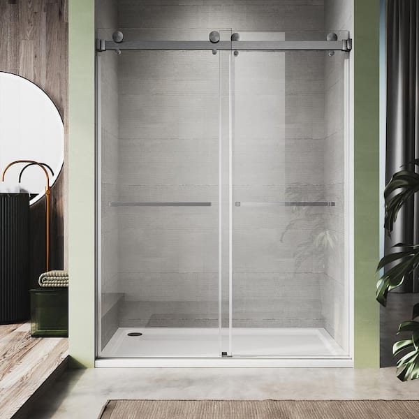 UKD01 56 to 60 in. W x 80 in. H Double Sliding Frameless Shower Door in Space Gray, EnduroShield 3/8 in. Clear Glass