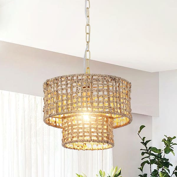 LNC Wood Drum Chandelier 5-Light Brown Candle Black Rustic