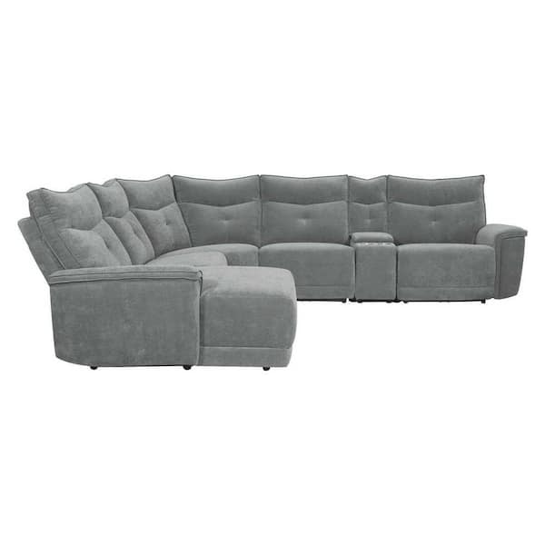EVERGLADE HOME Marta 132 in. Pillow Top Arm Fabric 6-Piece U-Shaped Modular Power Reclining Sectional with Right Chaise in Mist Gray