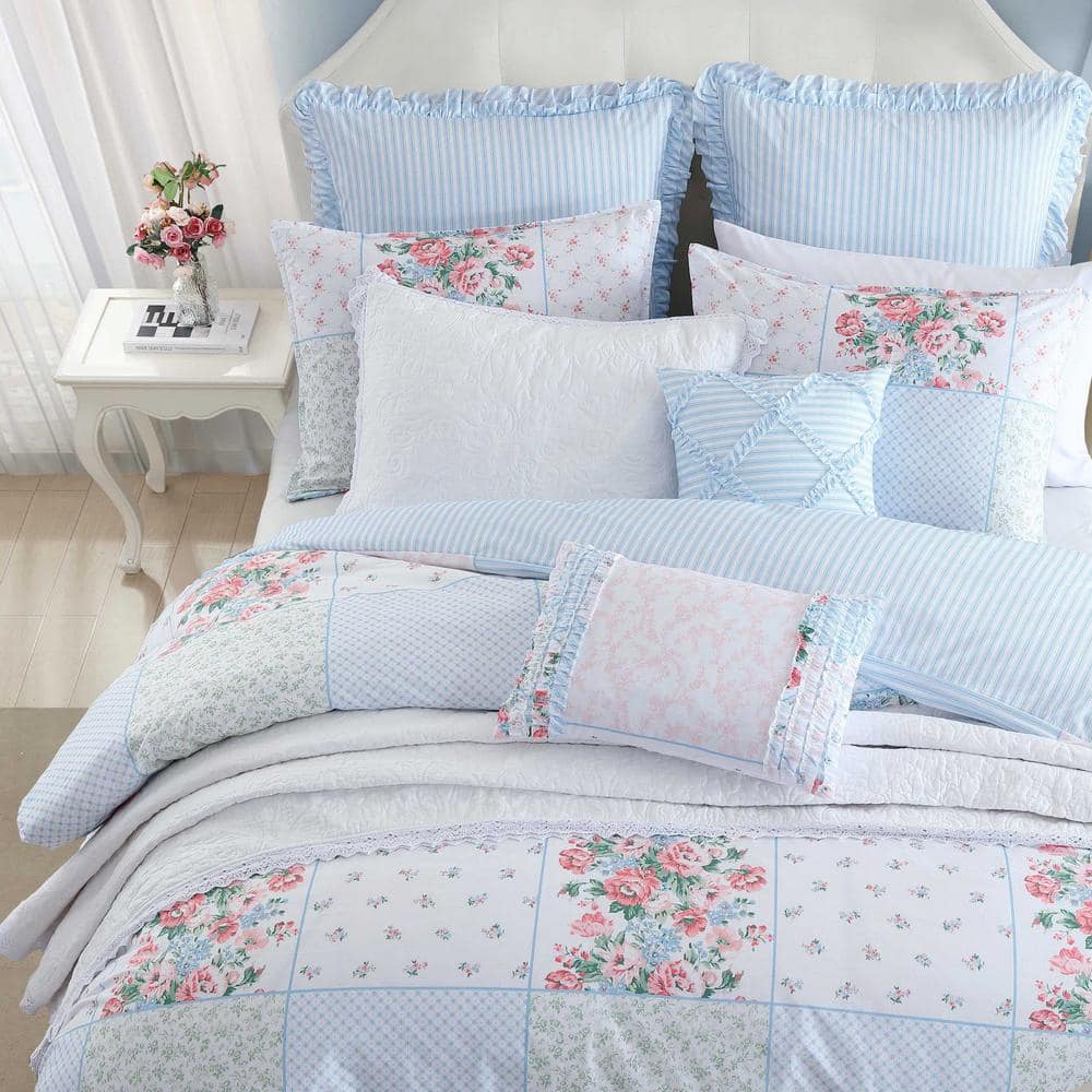 Hope Patchwork Blue and Pink Cotton 7-Piece Duvet Cover Set