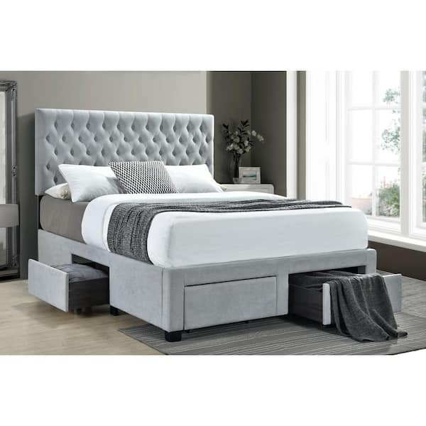 Soledad Light Gray Wood Frame Queen Platform Bed with 4 Drawers Button Tufted Storage